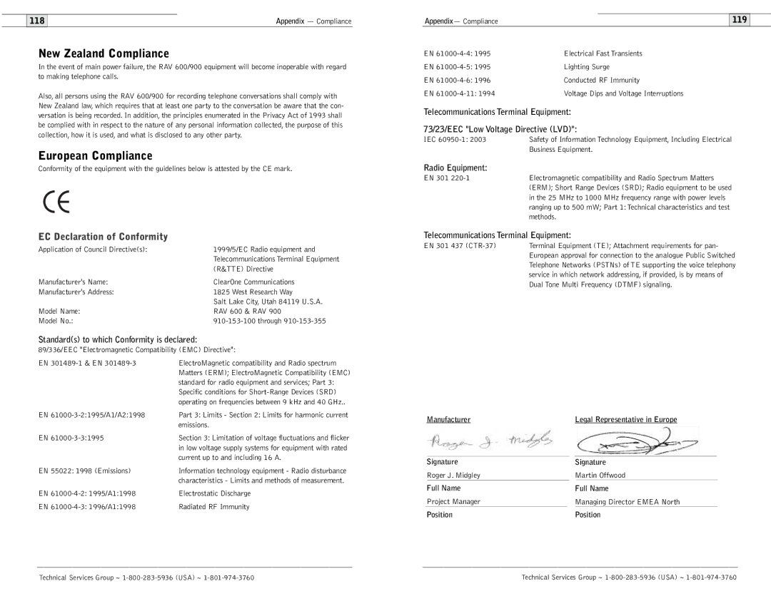 ClearOne comm 600/900 user manual New Zealand Compliance, European Compliance, EC Declaration of Conformity 