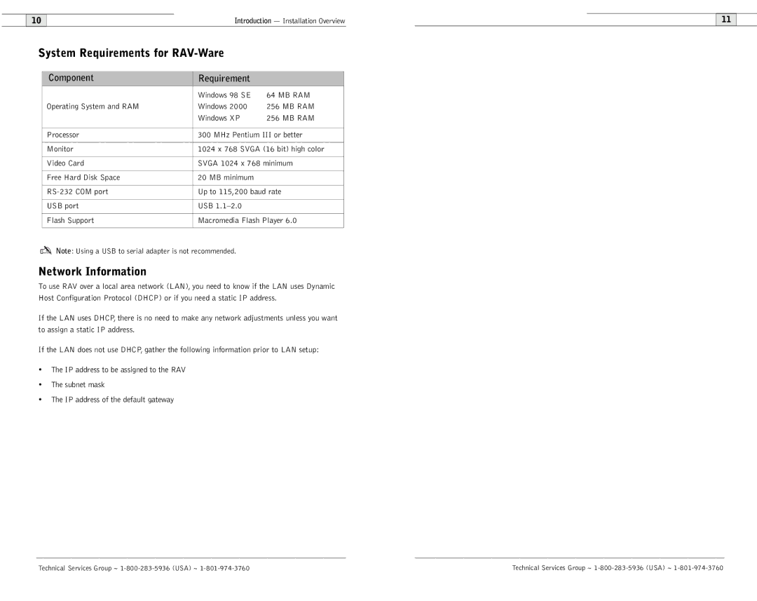 ClearOne comm 600/900 user manual System Requirements for RAV-Ware, Network Information, Windows 98 SE 