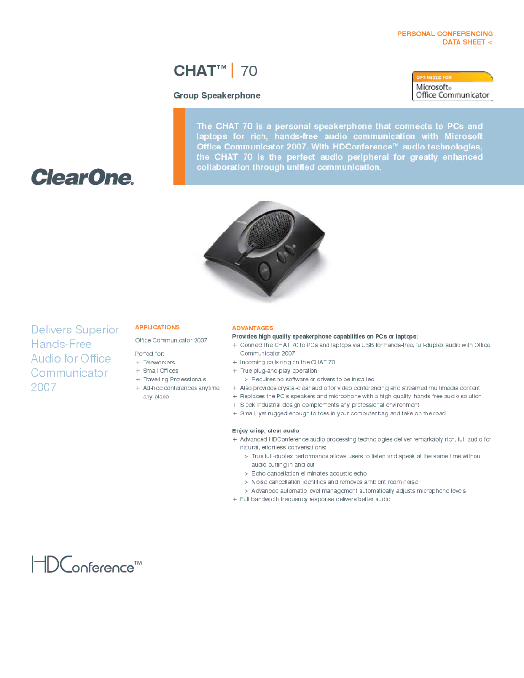 ClearOne comm 70 manual Personal Conferencing Data Sheet, Applications, Advantages, Enjoy crisp, clear audio 