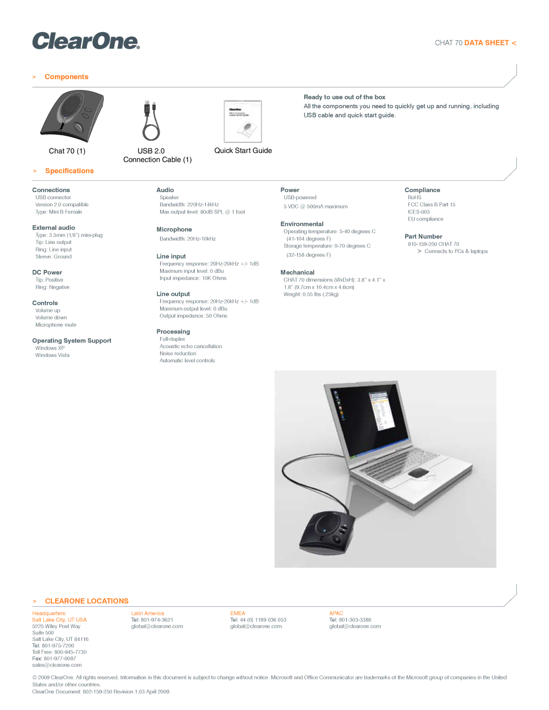 ClearOne comm manual Chat 70 Data Sheet Components, Specifications 