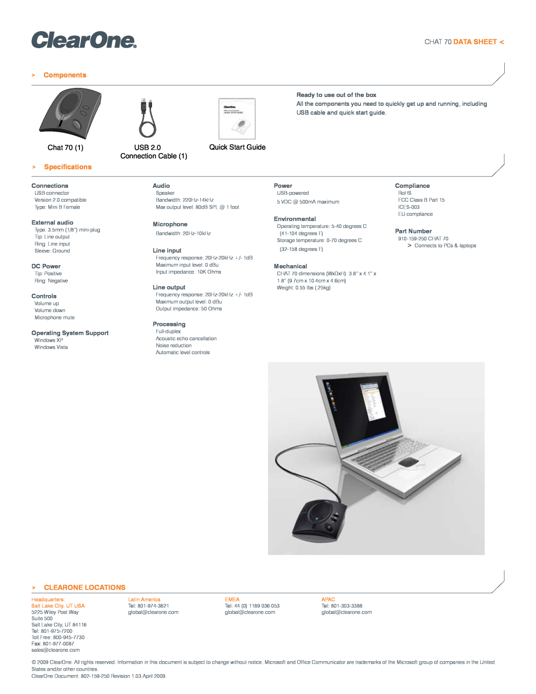 ClearOne comm manual CHAT 70 Data Sheet Components, Specifications, Clearone Locations, Chat 70, Quick Start Guide 
