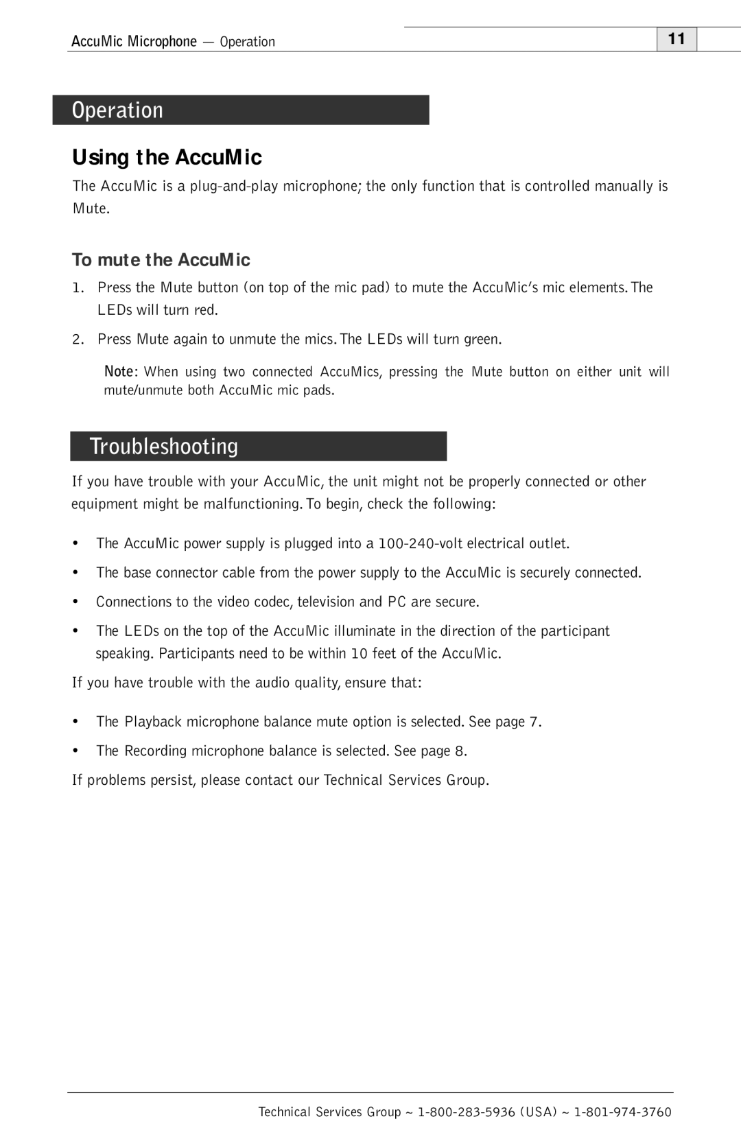 ClearOne comm 800-157-001 manual Using the AccuMic, To mute the AccuMic 