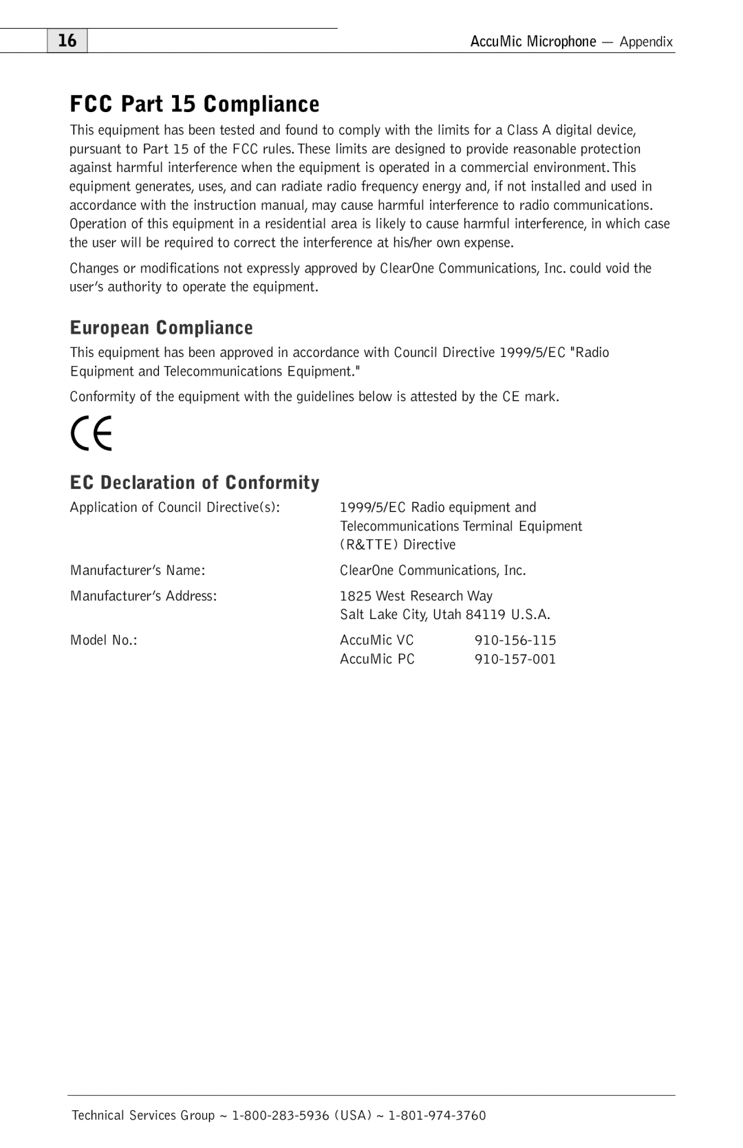 ClearOne comm 800-157-001 manual FCC Part 15 Compliance, European Compliance, EC Declaration of Conformity 