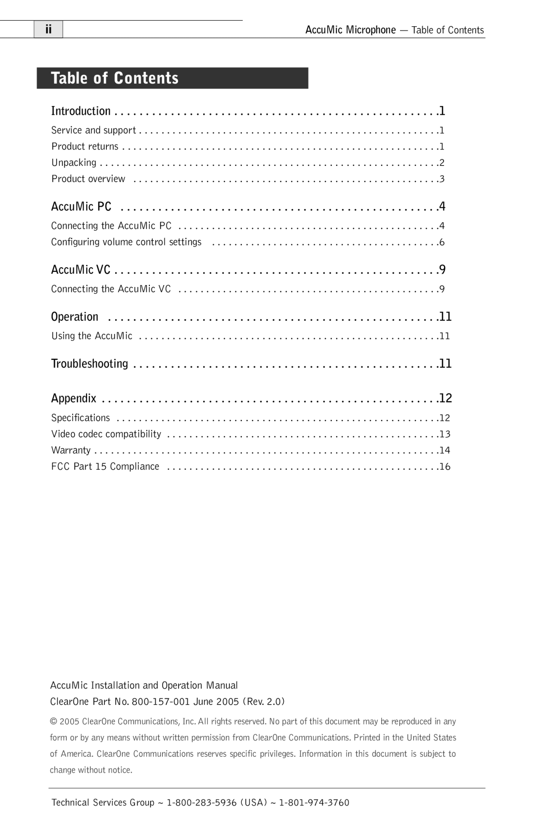 ClearOne comm 800-157-001 manual Table of Contents 