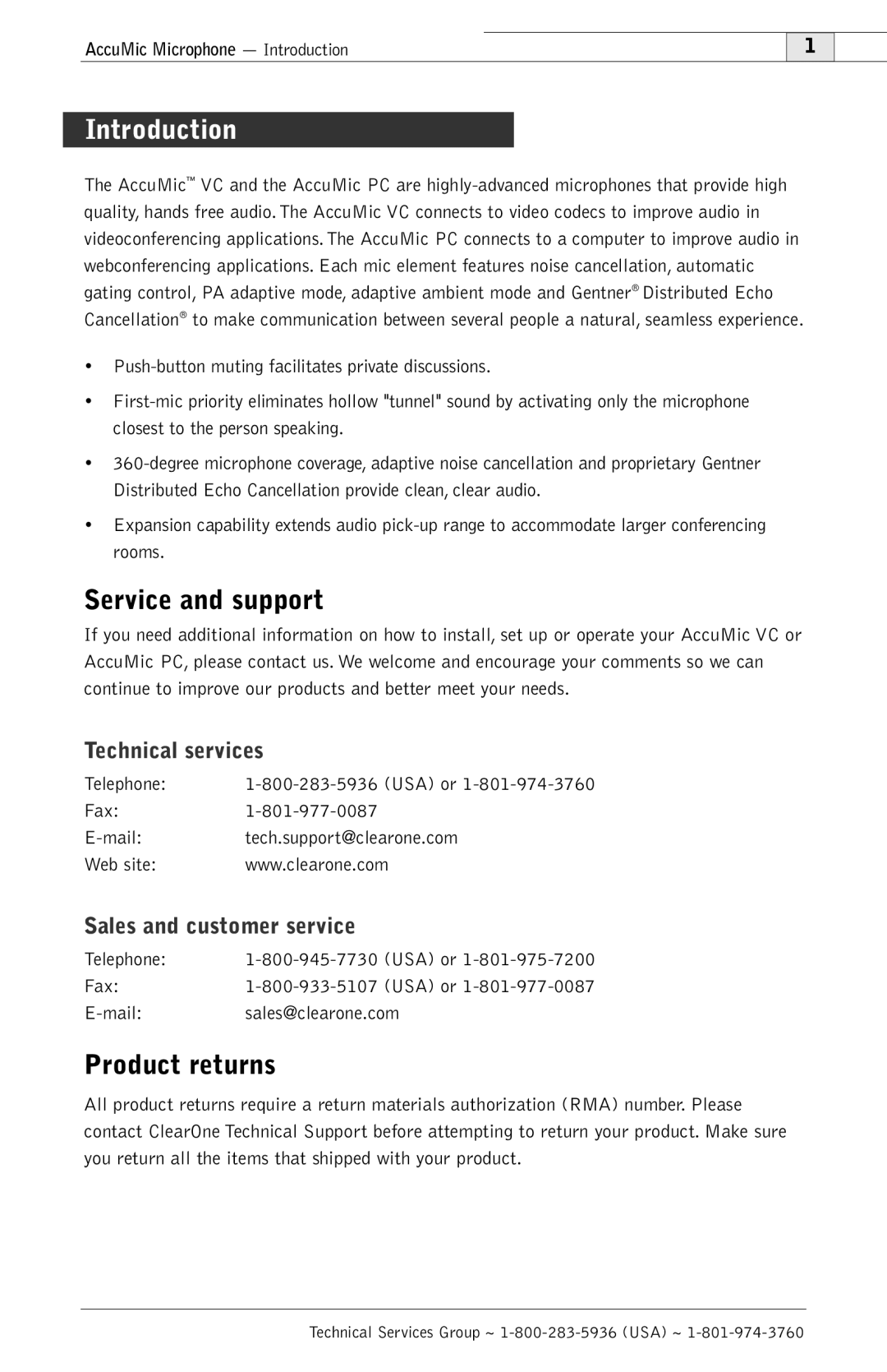 ClearOne comm 800-157-001 manual Introduction, Service and support, Product returns, Technical services 