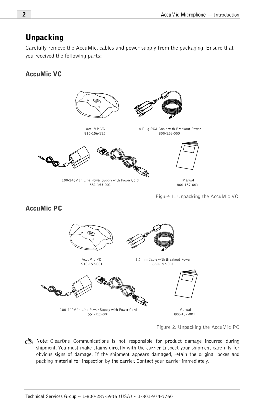 ClearOne comm 800-157-001 manual Unpacking, AccuMic VC, AccuMic PC 