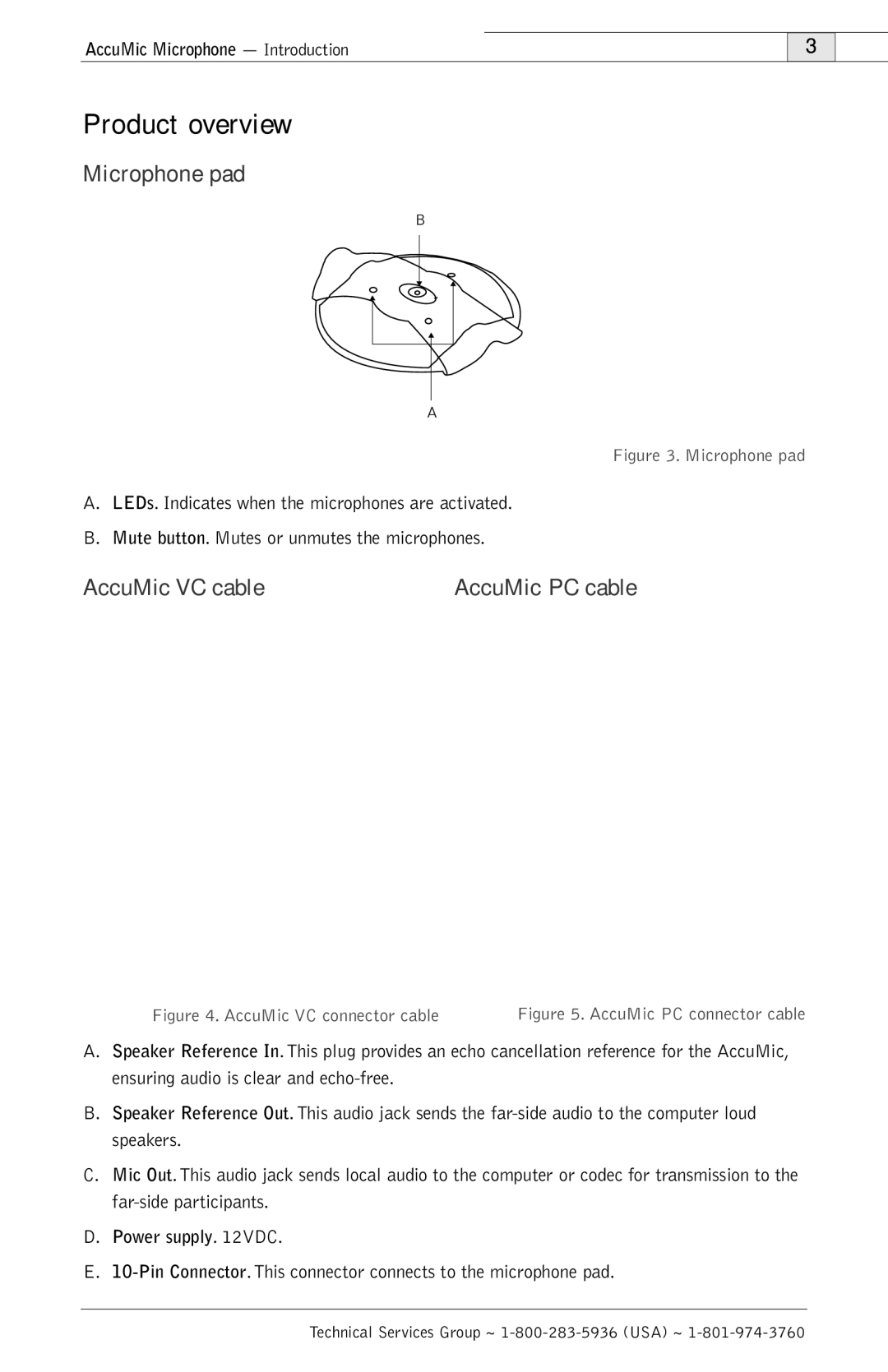 ClearOne comm 800-157-001 manual Product overview, Microphone pad, AccuMic VC cable AccuMic PC cable 