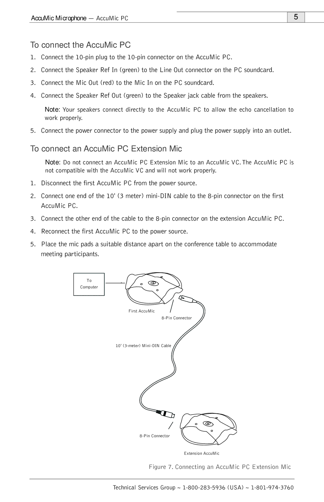 ClearOne comm 800-157-001 manual To connect the AccuMic PC, To connect an AccuMic PC Extension Mic 