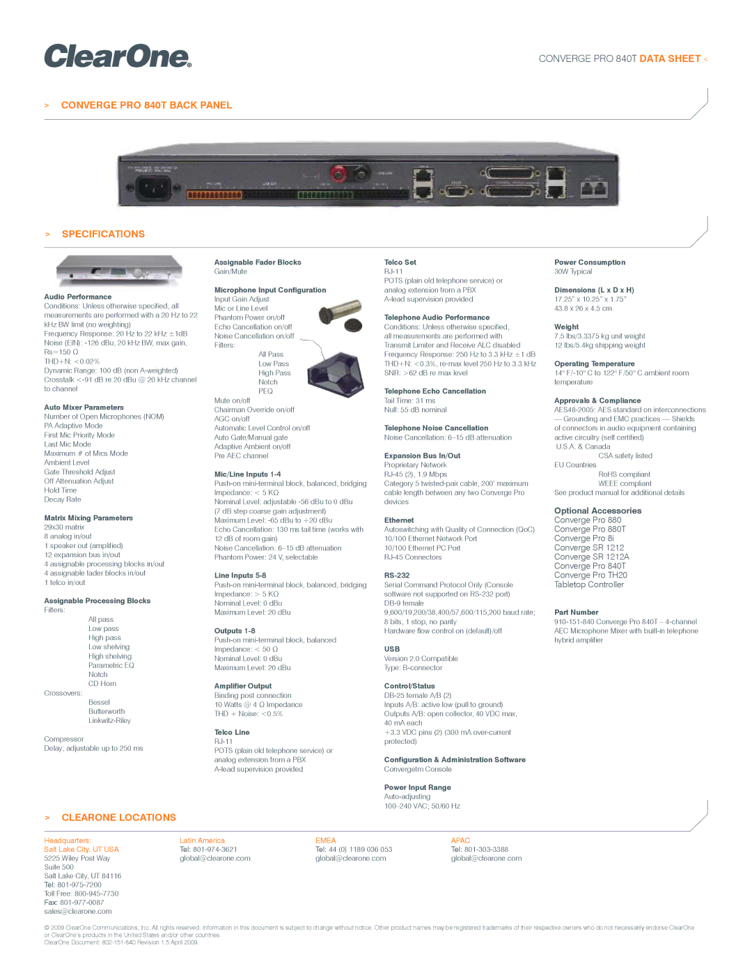 ClearOne comm 840T manual Audio Performance, Auto Mixer Parameters, Matrix Mixing Parameters 29x30 matrix, Mic/Line Inputs 