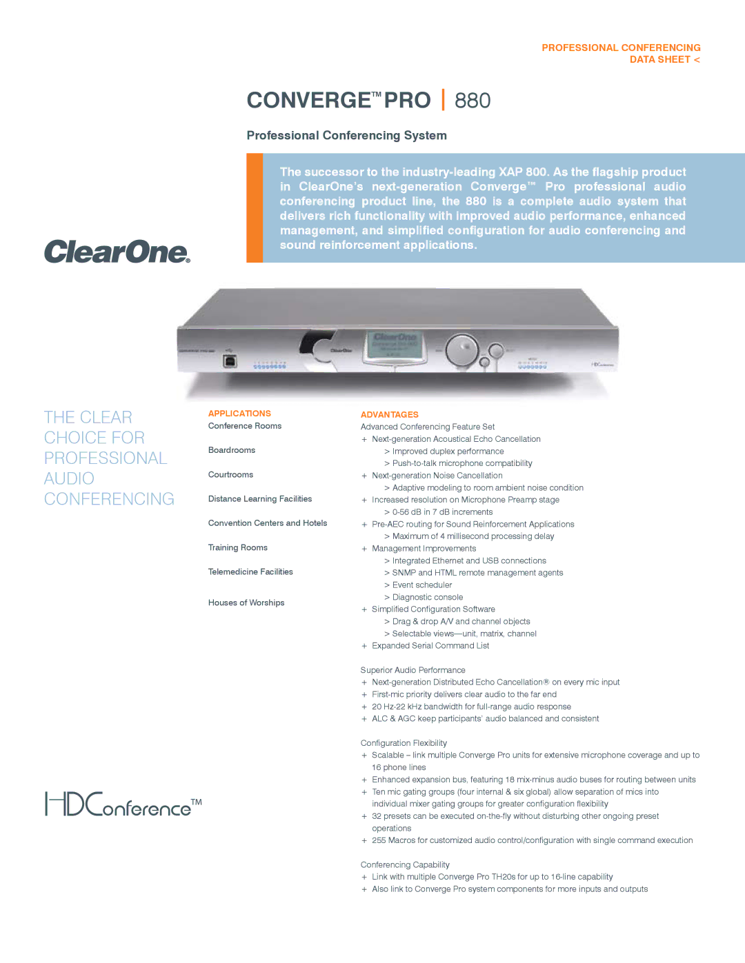 ClearOne comm 880 manual Professional Conferencing Data Sheet, Applications, Advantages 