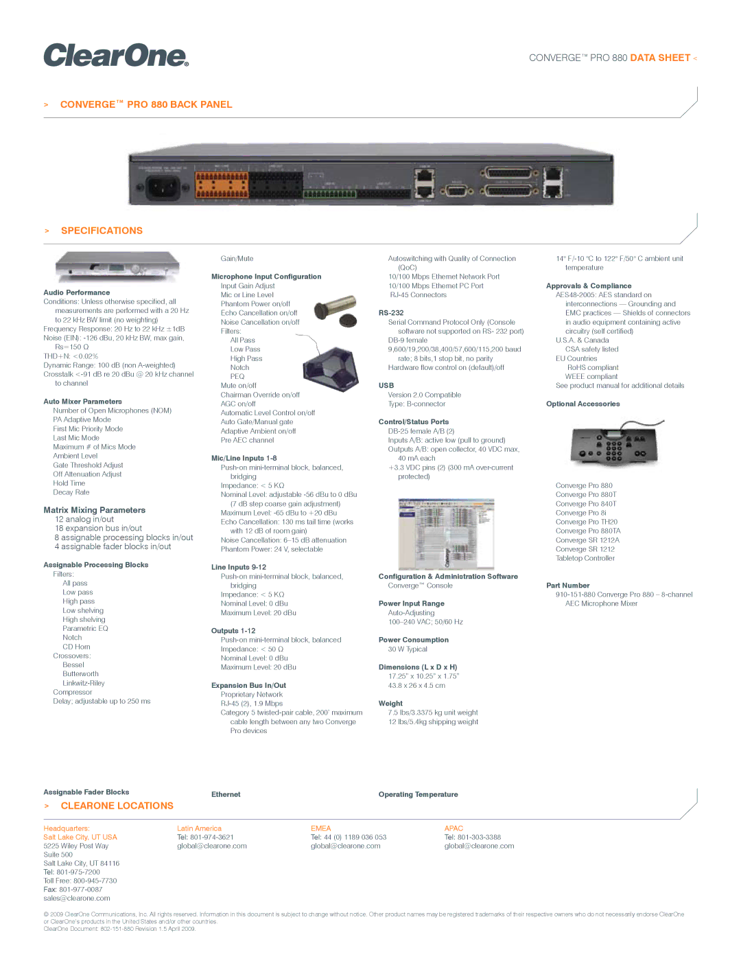 ClearOne comm manual Converge PRO 880 Back Panel Specifications, Clearone Locations 