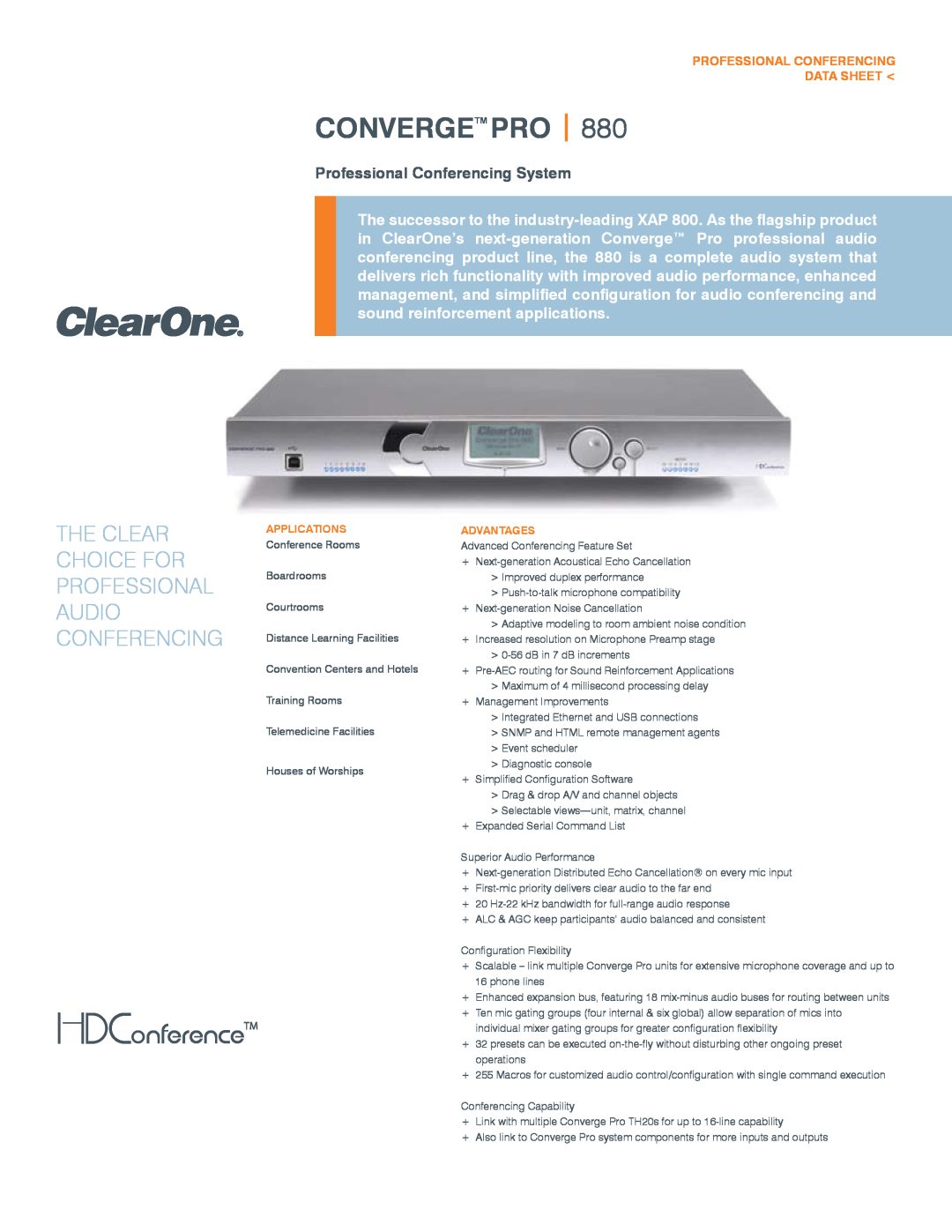ClearOne comm 880 manual Professional Conferencing Data Sheet, Convergetm Pro, The Clear, Professional Conferencing System 
