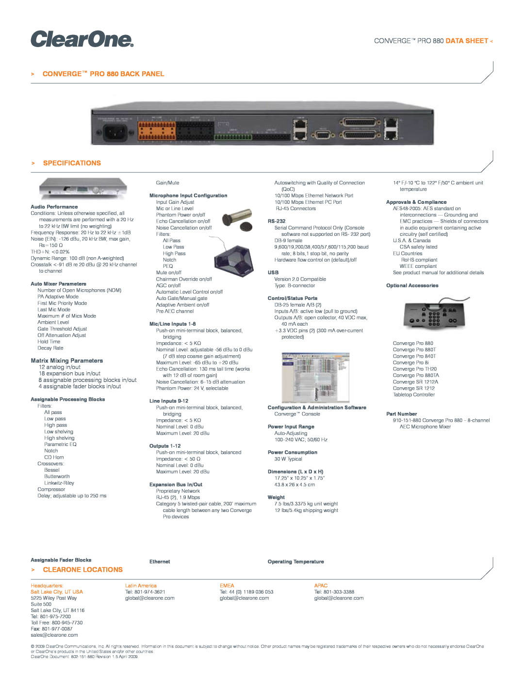 ClearOne comm CONVERGE PRO 880 BACK PANEL SPECIFICATIONS, Clearone Locations, CONVERGE PRO 880 DATA SHEET, Headquarters 