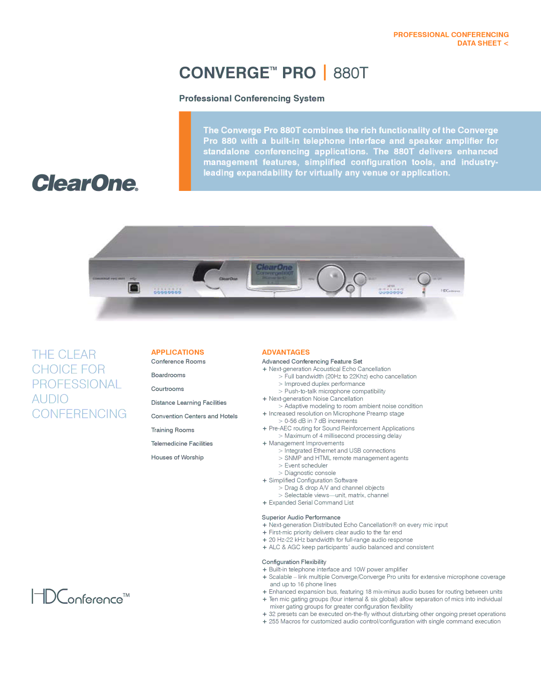 ClearOne comm 880T manual Professional Conferencing Data Sheet, Applications, Advantages 