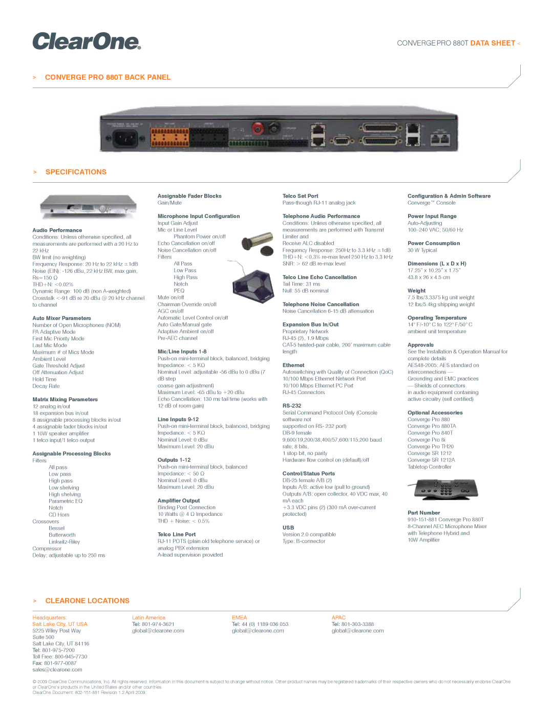 ClearOne comm manual Converge PRO 880T Back Panel Specifications, Clearone Locations 