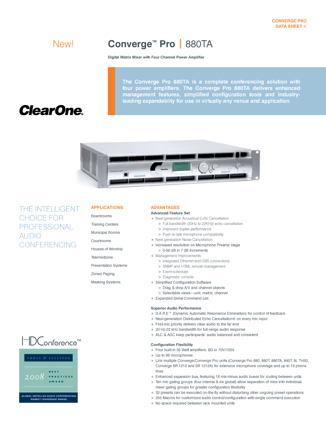 ClearOne comm 880TA manual Data Sheet, Applications, Advantages 