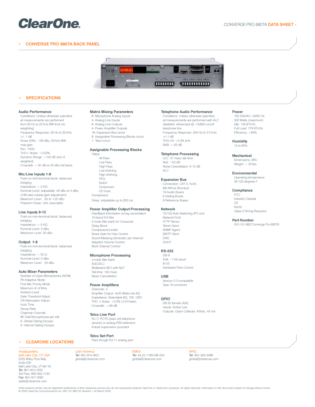 ClearOne comm manual Converge PRO 880TA Back Panel, Specifications, Clearone Locations 