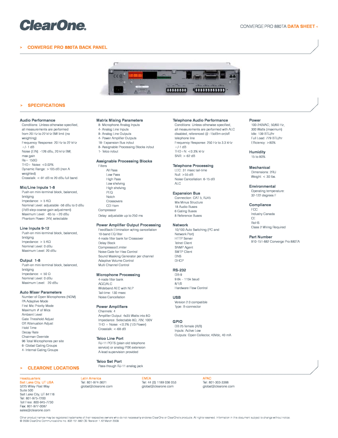 ClearOne comm manual CONVERGE PRO 880TA BACK PANEL, CONVERGE PRO 880TA DATA SHEET, Specifications, Clearone Locations 