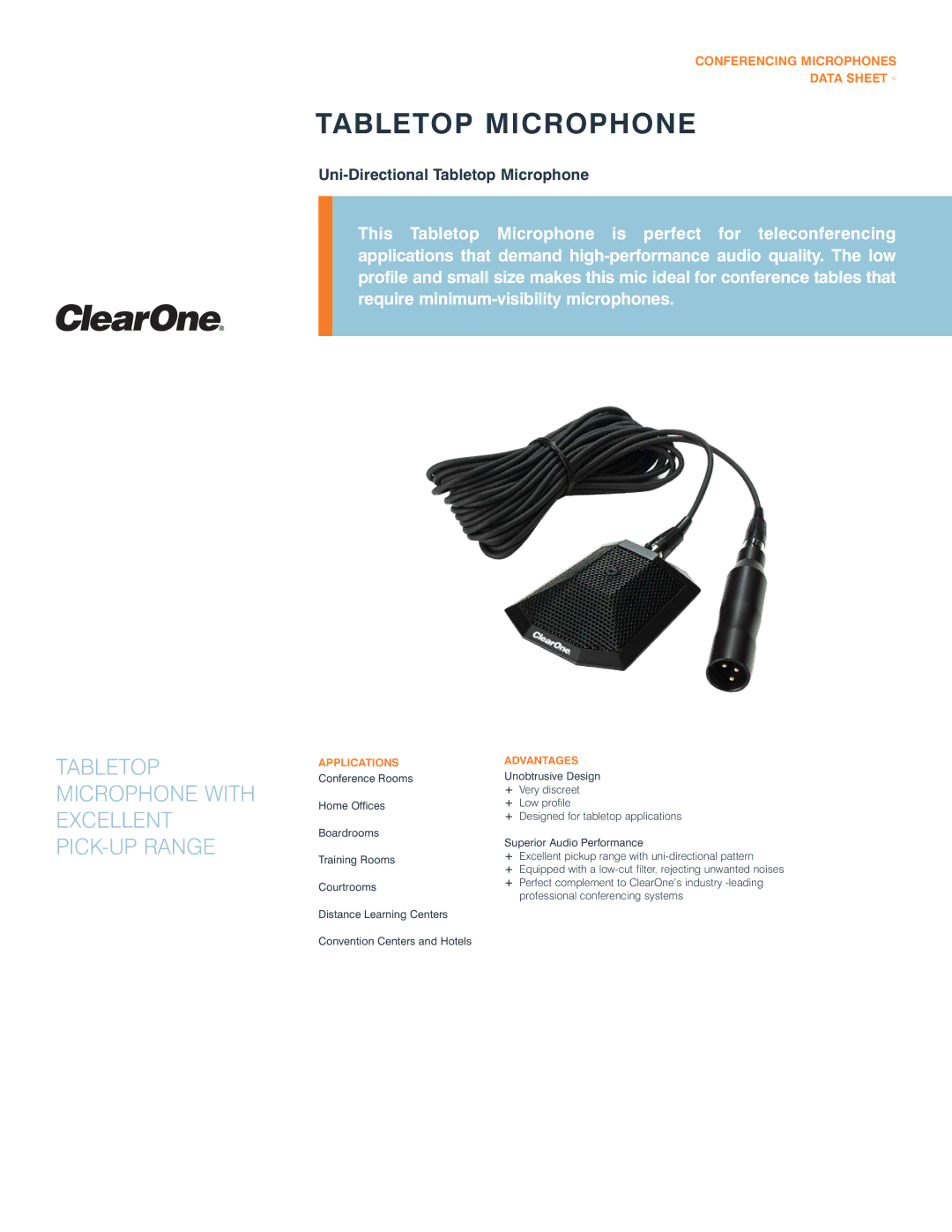 ClearOne comm 910-103-161 manual Tabletop Microphone with Excellent PICK-UP Range, Conferencing Microphones Data Sheet 