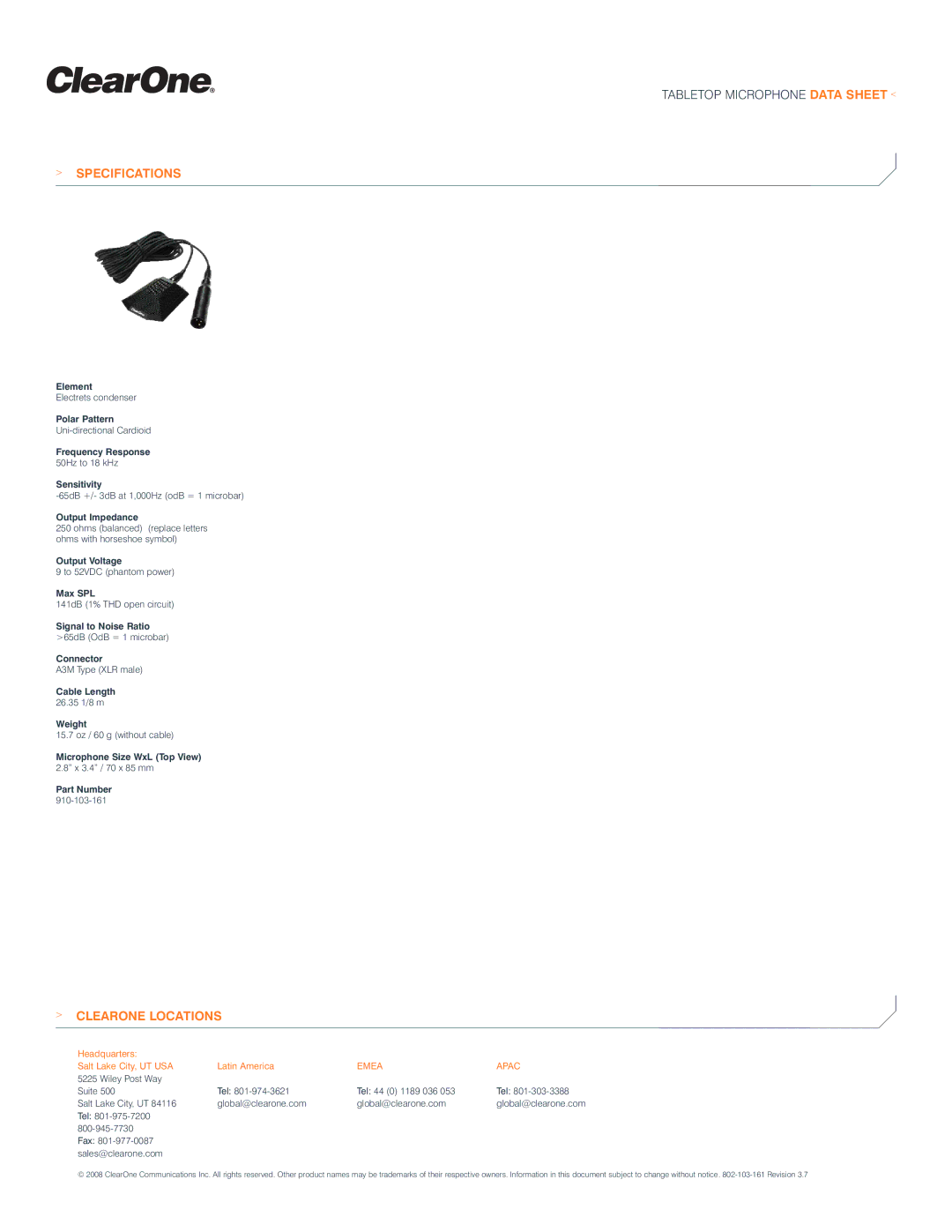 ClearOne comm 910-103-161 manual Specifications, Clearone Locations, Emea Apac 