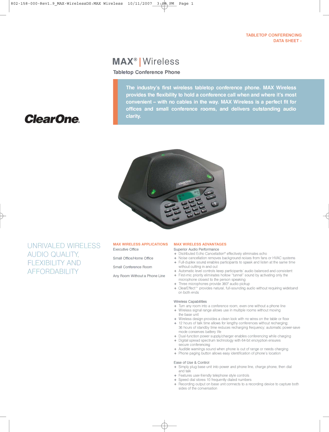 ClearOne comm 910-158-400 manual Tabletop Conferencing Data Sheet, MAX Wireless Applications, MAX Wireless Advantages 