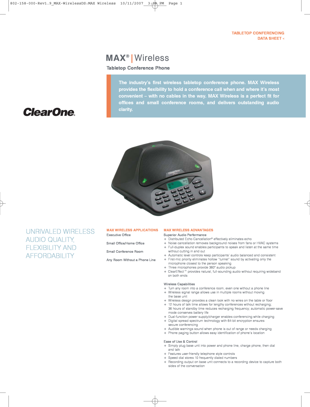 ClearOne comm 910-158-400 manual 802-158-000-Rev1.9MAX-WirelessDSMAX Wireless 10/11/2007 308 PM Page, MAXWireless 