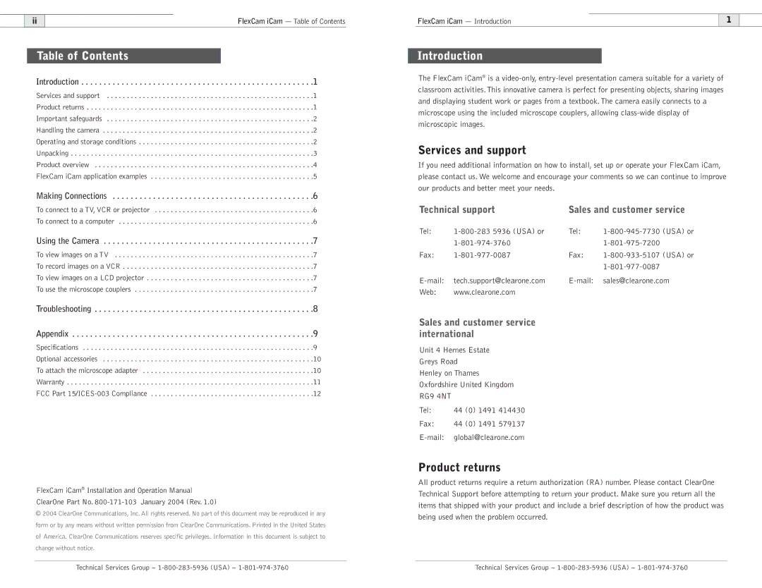 ClearOne comm 910-171-101-PAL operation manual Table of Contents, Introduction 