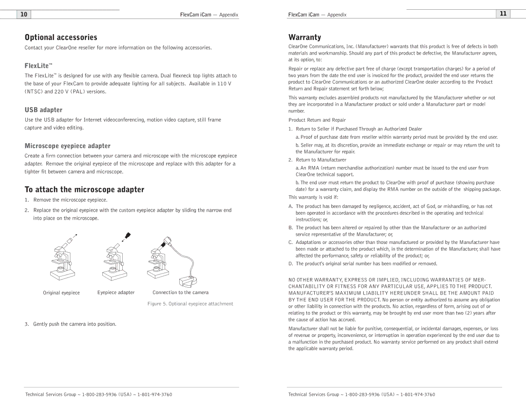 ClearOne comm 910-171-101-PAL operation manual Optional accessories, To attach the microscope adapter, Warranty 