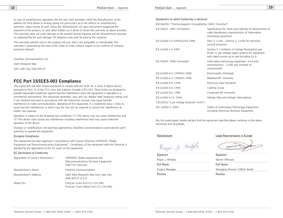 ClearOne comm 910-171-101-PAL operation manual FCC Part 15/ICES-003 Compliance, European Compliance 