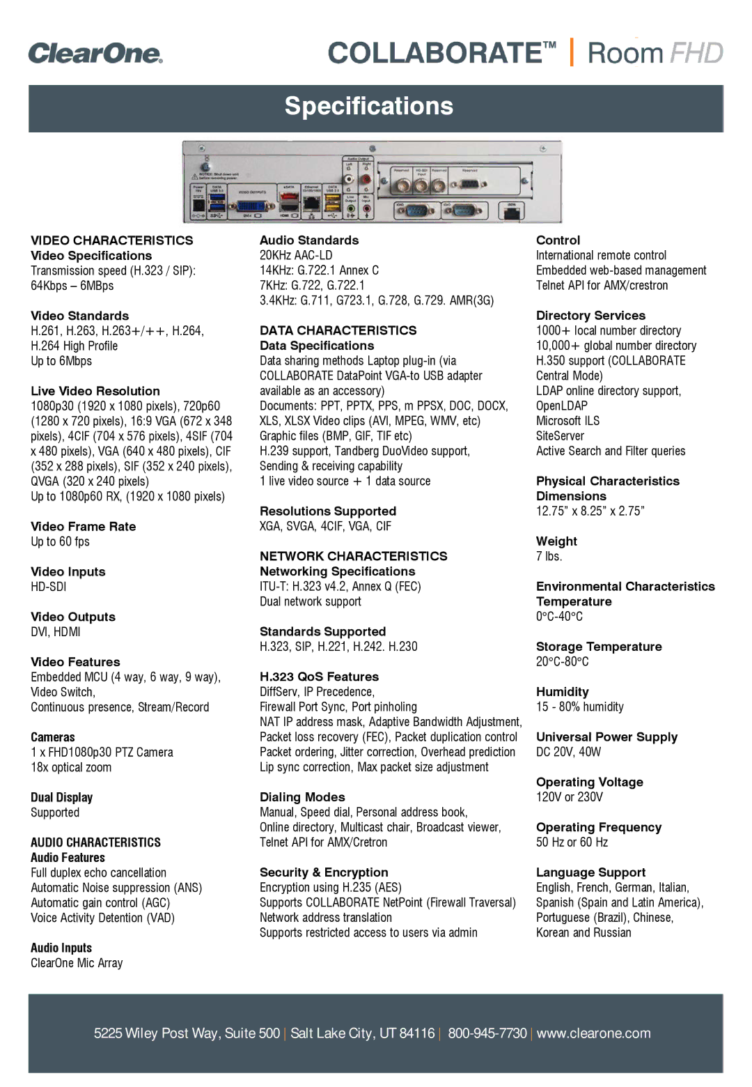 ClearOne comm 930401506C manual Video Characteristics, Data Characteristics, Network Characteristics, Audio Characteristics 