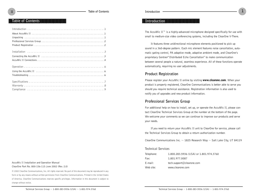 ClearOne comm AccuMic II operation manual Table of Contents, Introduction 