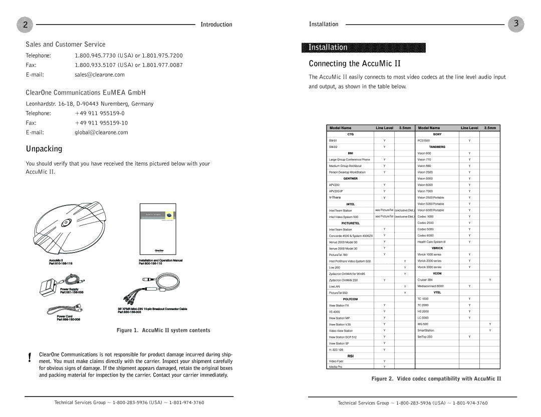 ClearOne comm AccuMic II operation manual Installation, Connecting the AccuMic, Unpacking, Sales and Customer Service 