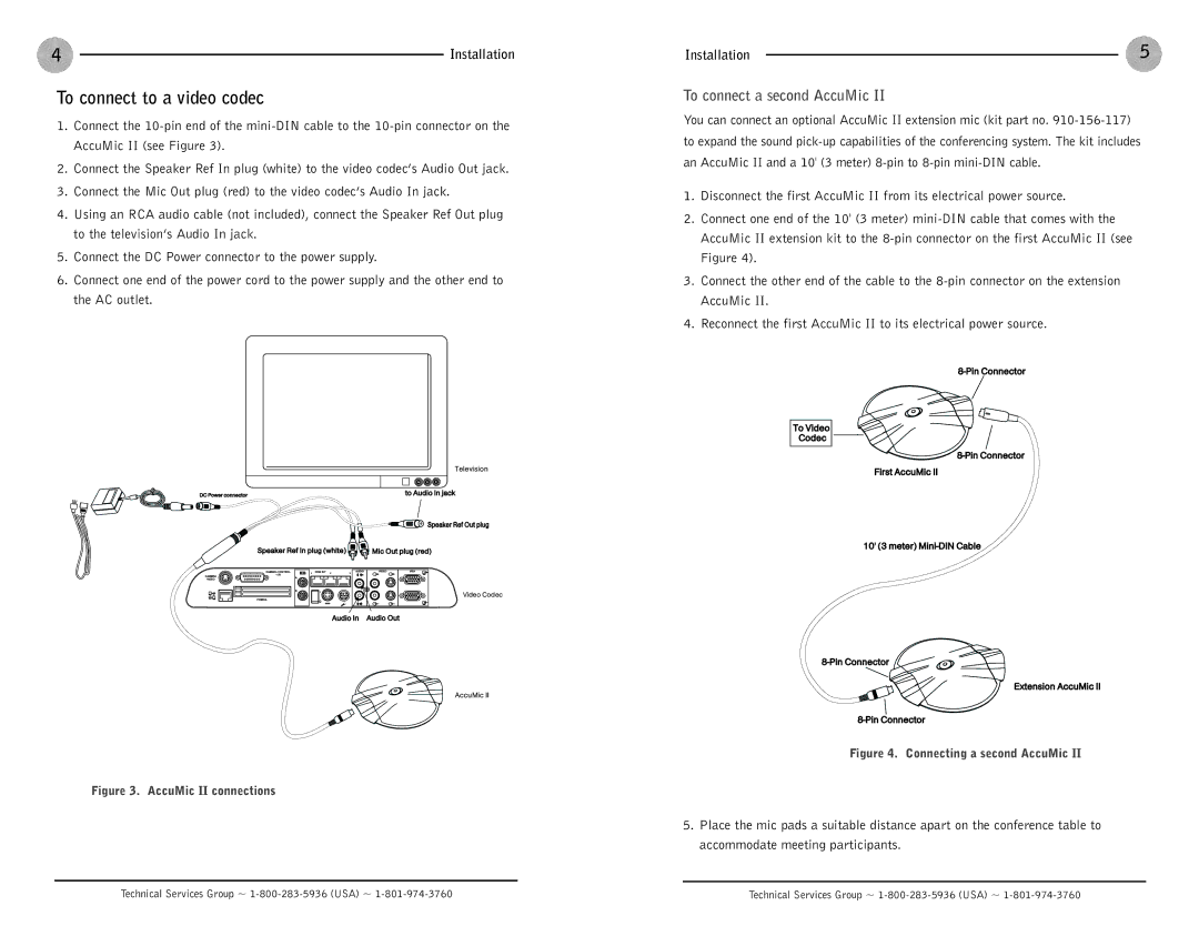 ClearOne comm AccuMic II operation manual To connect to a video codec, To connect a second AccuMic, Installation 