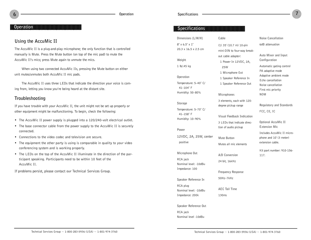 ClearOne comm AccuMic II Operation, Specifications, Using the AccuMic, Troubleshooting, 12VDC, 2A, 25W, center 