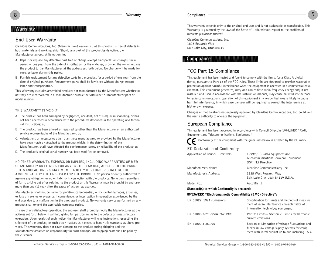 ClearOne comm AccuMic II operation manual End-User Warranty, FCC Part 15 Compliance, European Compliance 