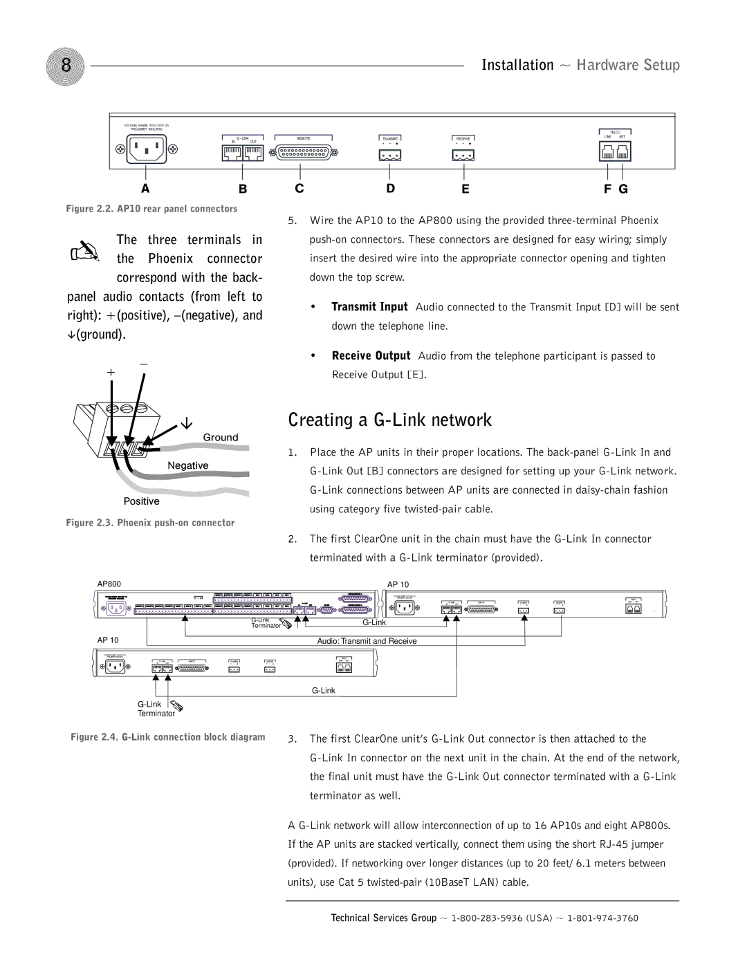 ClearOne comm AP10 operation manual Creating a G-Link network, Installation ~ Hardware Setup, Phoenix connector 