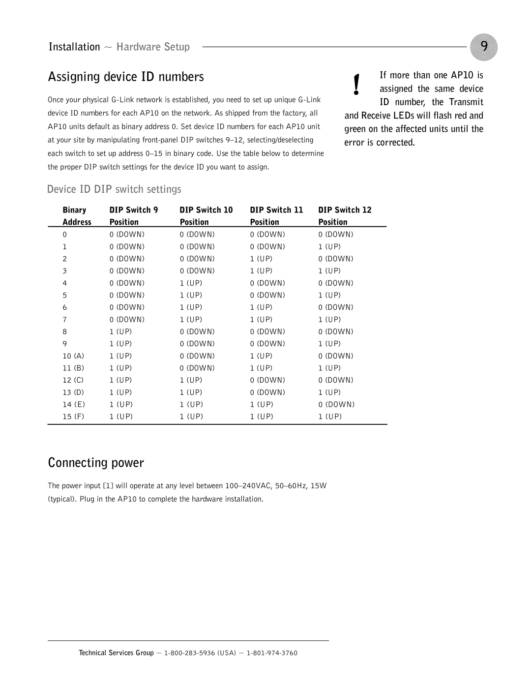 ClearOne comm AP10 operation manual Assigning device ID numbers, Connecting power, Device ID DIP switch settings 