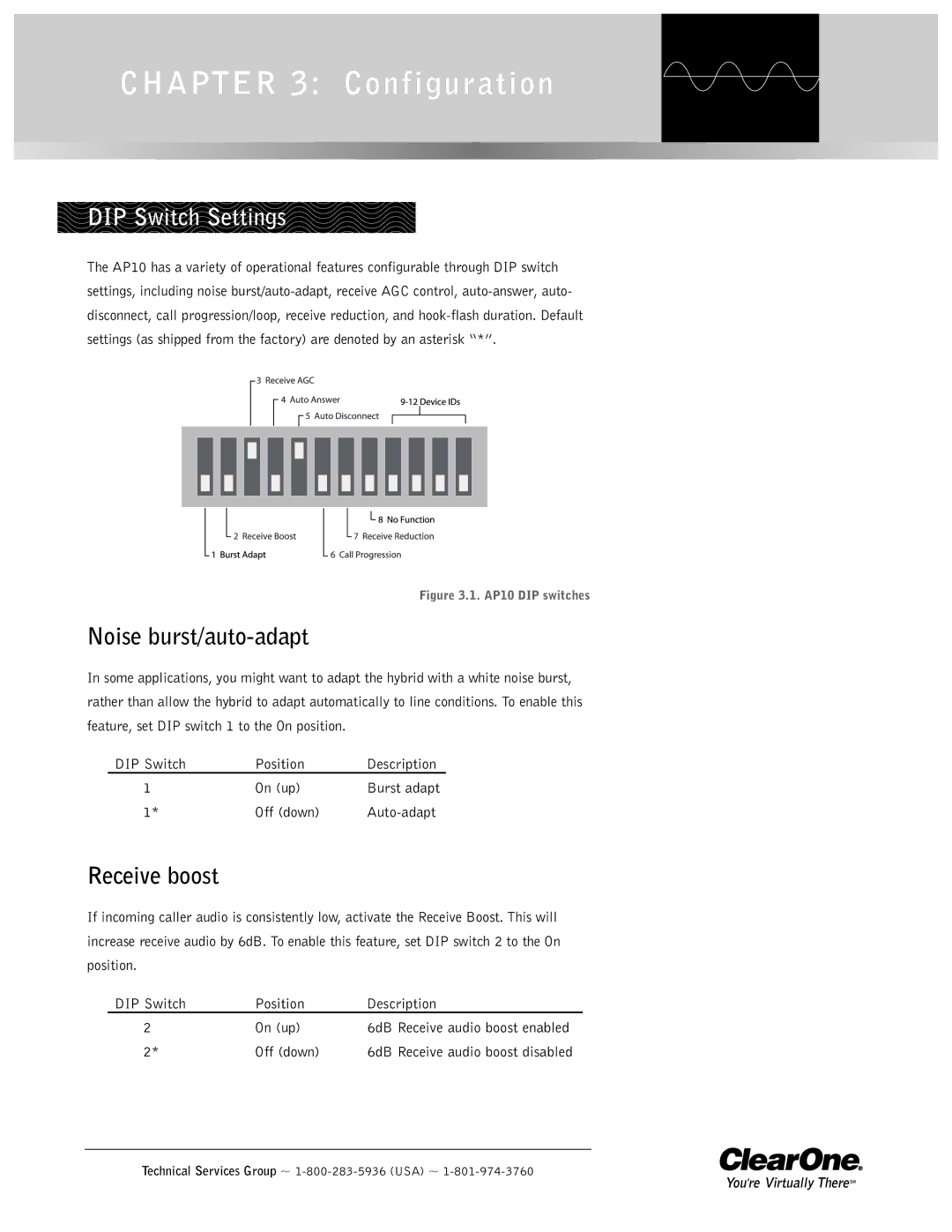 ClearOne comm AP10 operation manual DIP Switch Settings, Noise burst/auto-adapt, Receive boost 