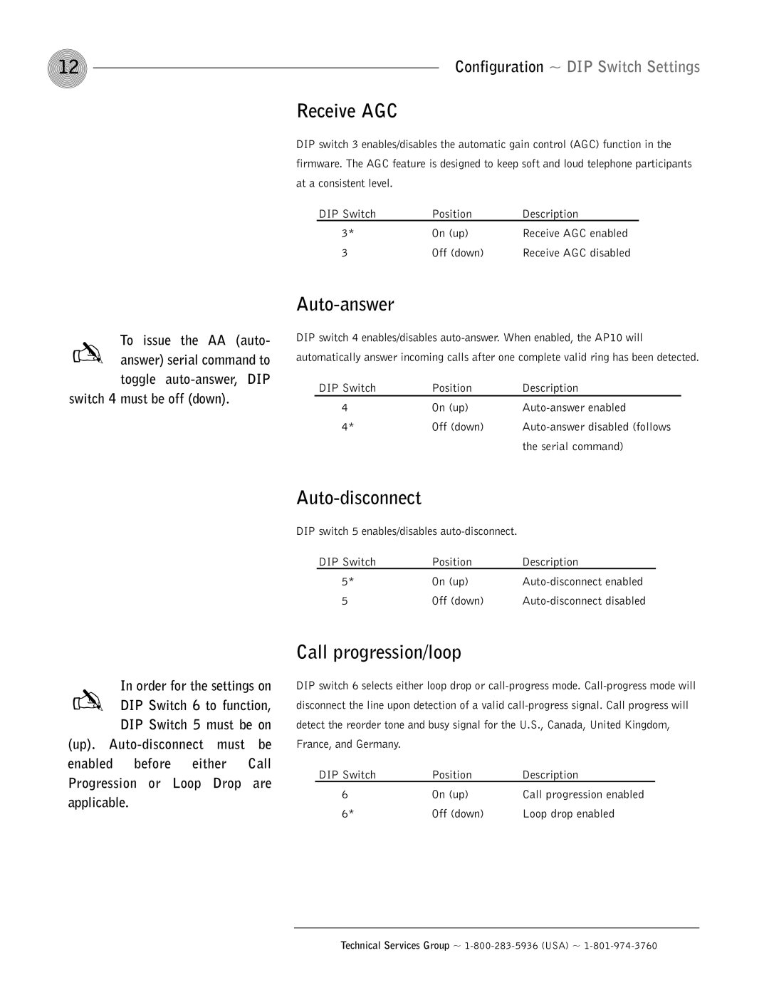 ClearOne comm AP10 operation manual Receive AGC, Auto-answer, Auto-disconnect, Call progression/loop 