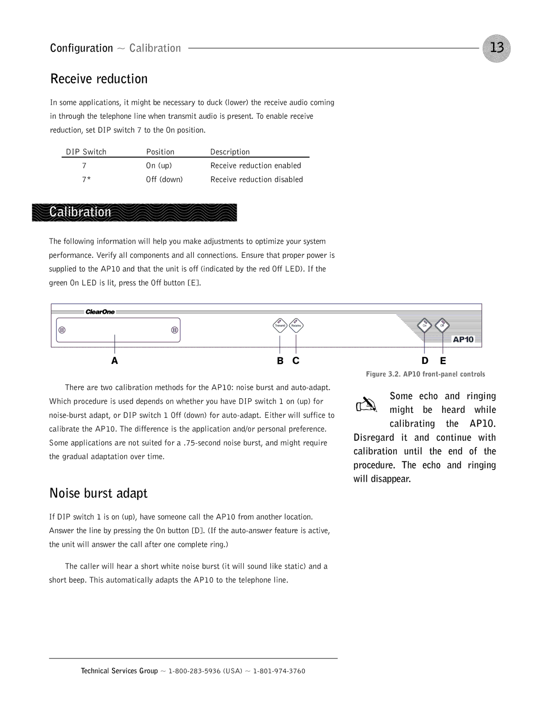 ClearOne comm AP10 operation manual Receive reduction, Calibration, Noise burst adapt, Ringing 