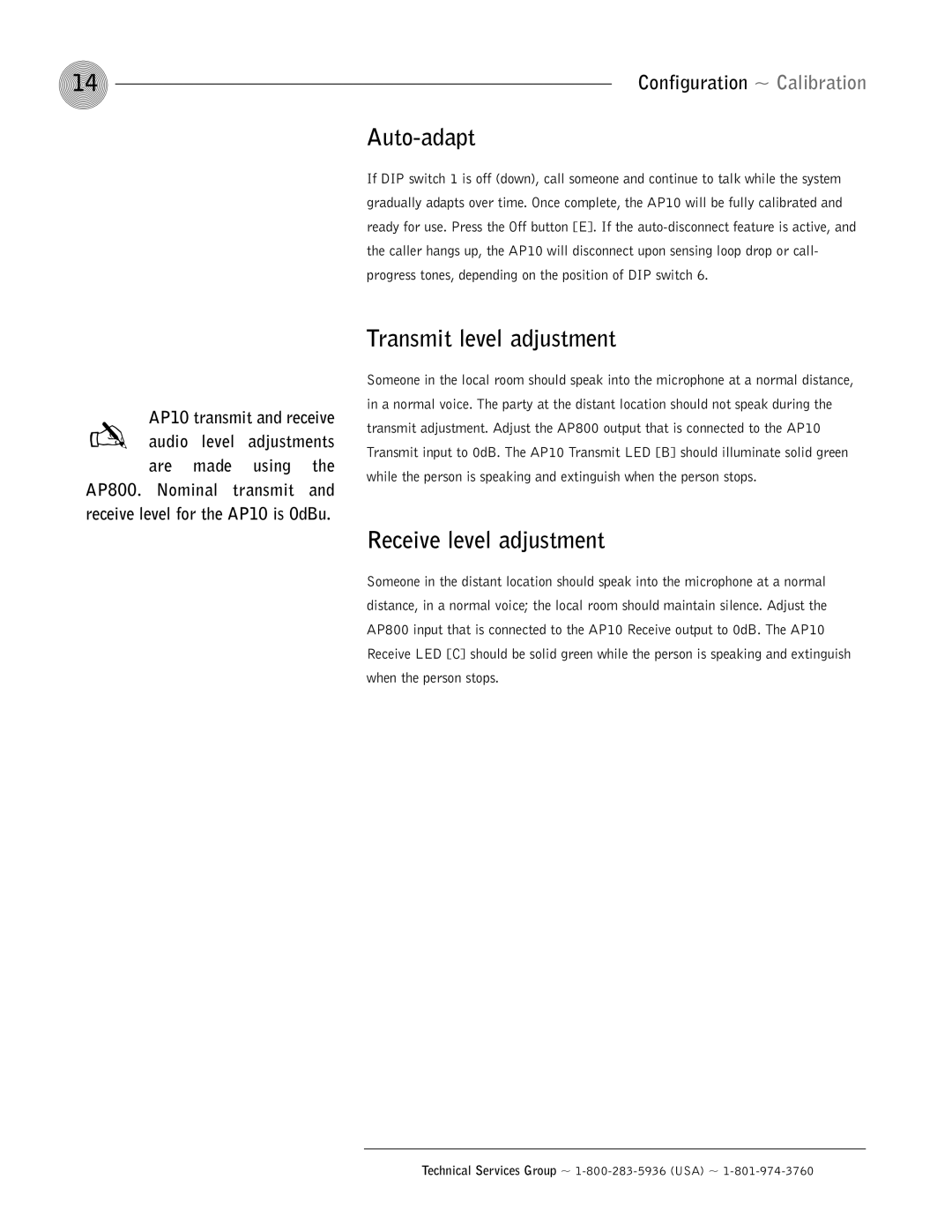 ClearOne comm AP10 operation manual Auto-adapt, Transmit level adjustment, Receive level adjustment 