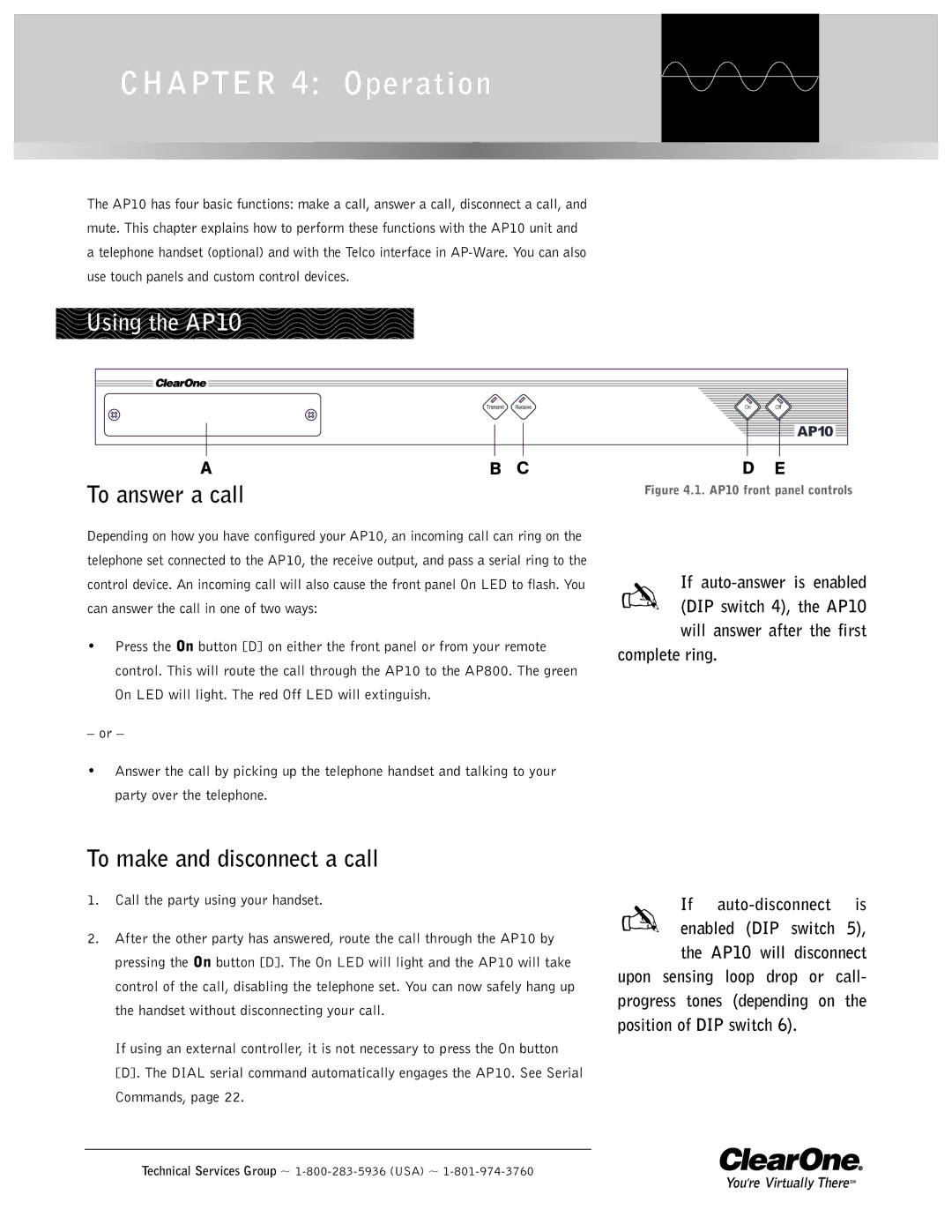 ClearOne comm operation manual Using the AP10, To answer a call, To make and disconnect a call 