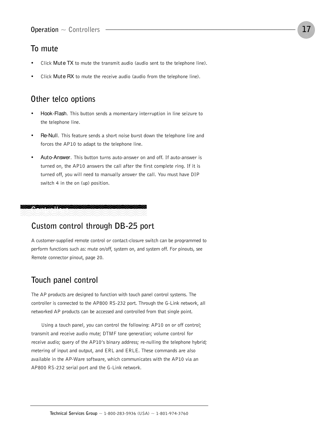 ClearOne comm AP10 To mute, Other telco options, Controllers, Custom control through DB-25 port, Touch panel control 