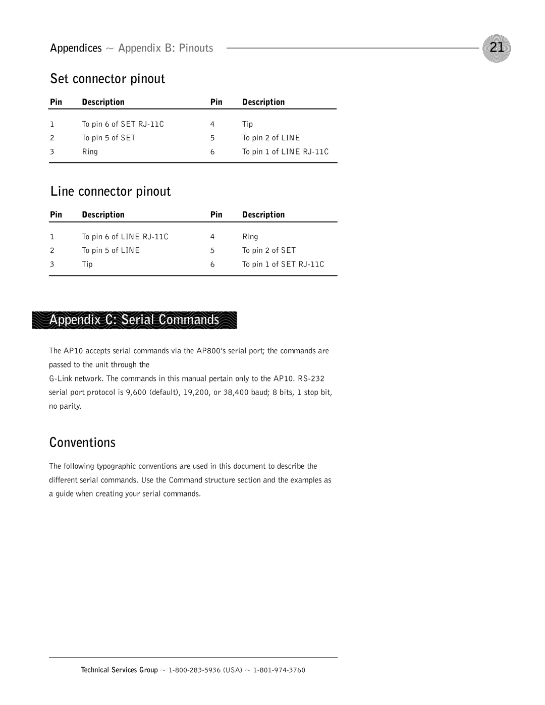 ClearOne comm AP10 operation manual Set connector pinout, Line connector pinout, Appendix C Serial Commands, Conventions 