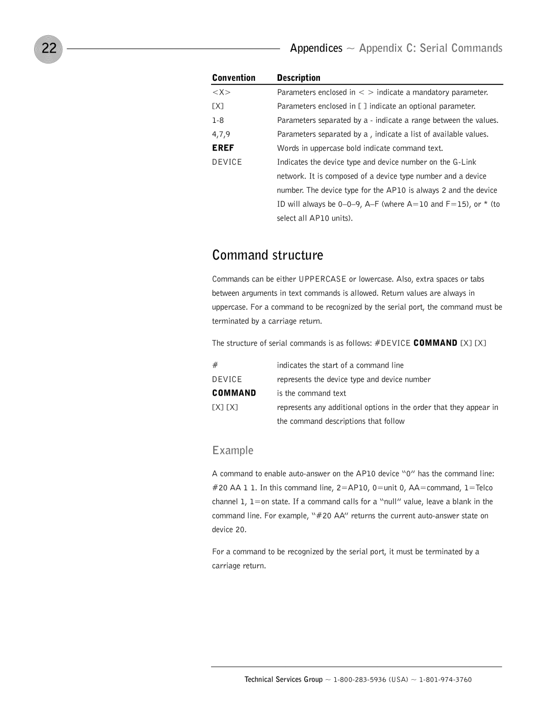 ClearOne comm AP10 operation manual Command structure, Example, Convention Description 