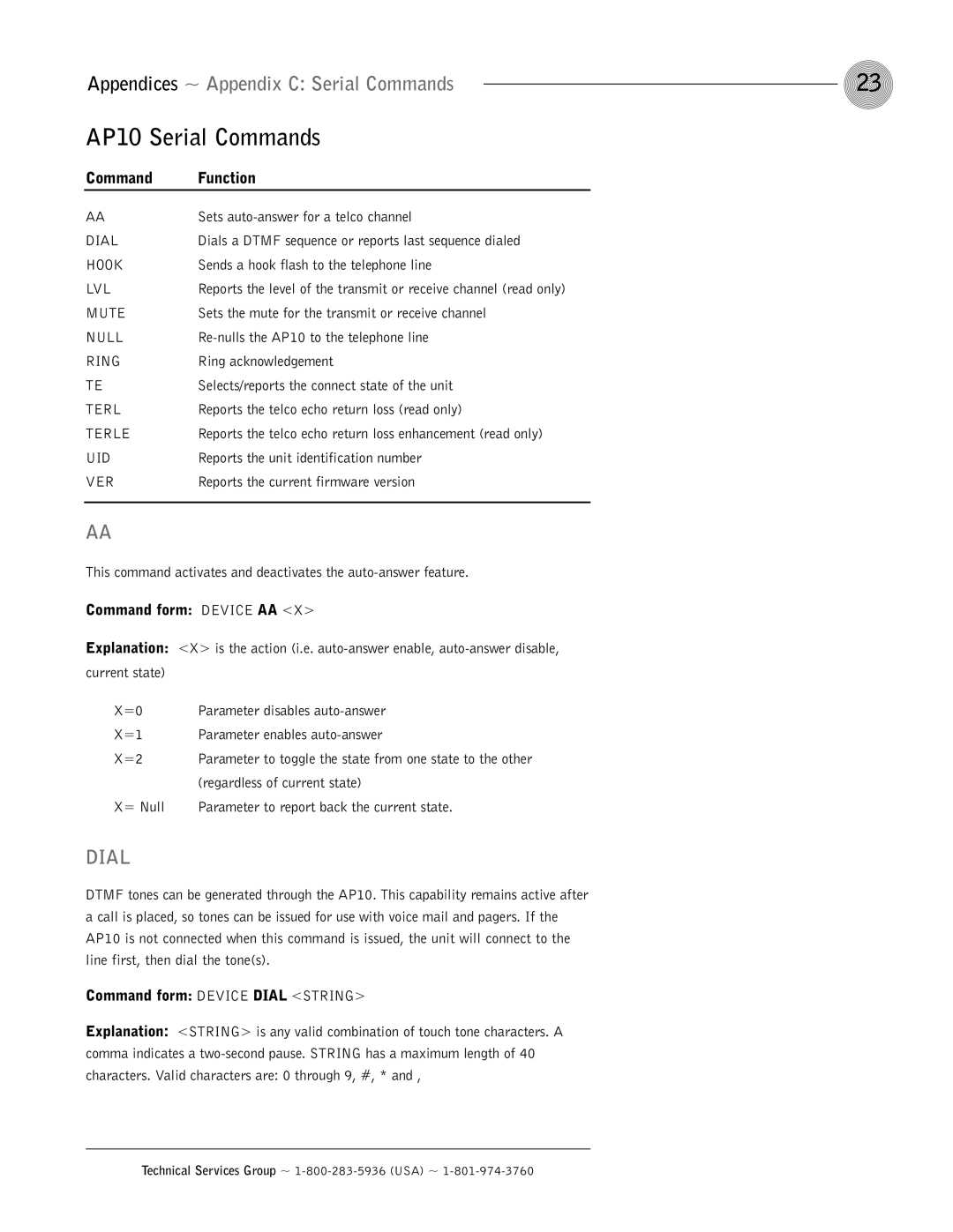 ClearOne comm AP10 Serial Commands, Appendices ~ Appendix C Serial Commands, Command Function, Command form Device AA 