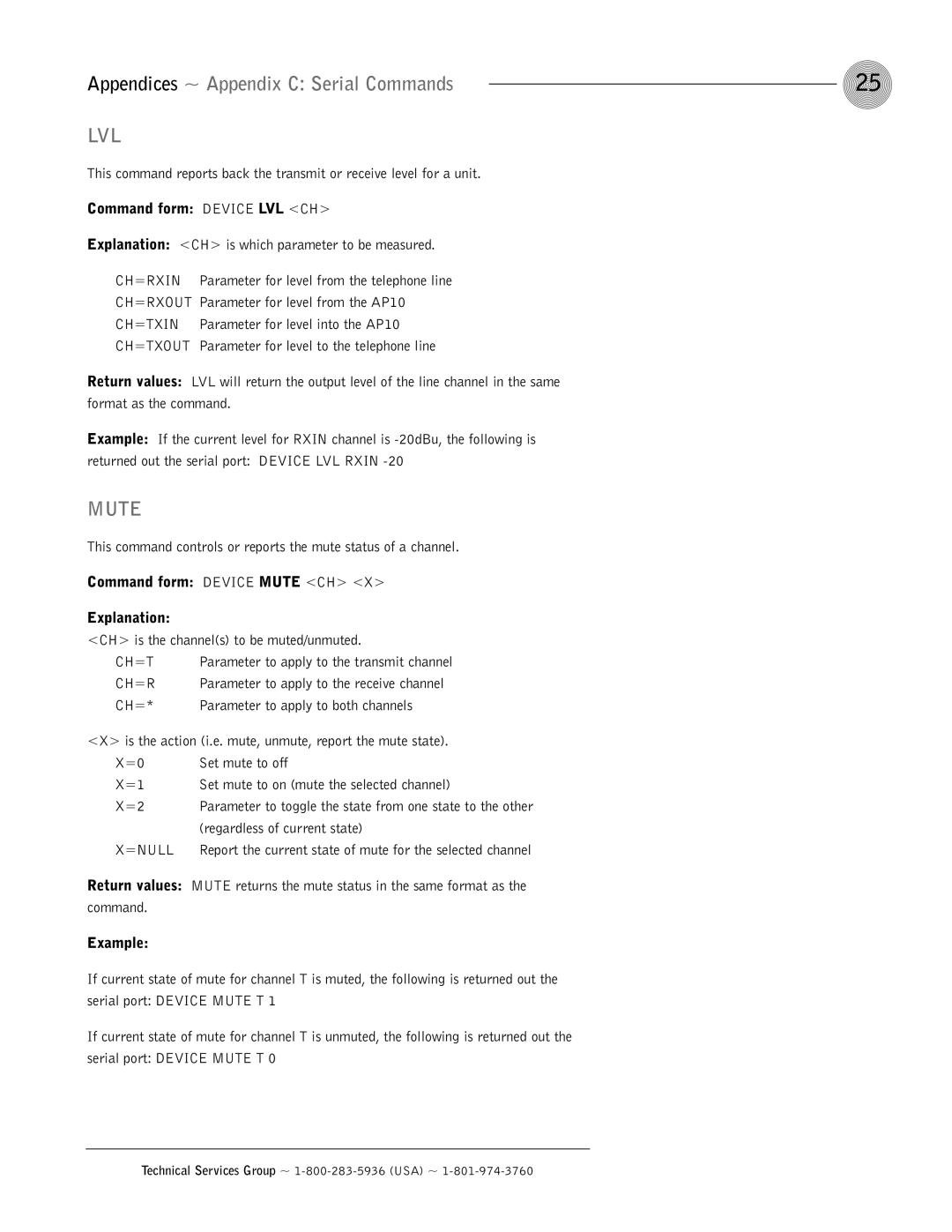 ClearOne comm AP10 operation manual Command form Device LVL CH, Command form Device Mute CH Explanation 