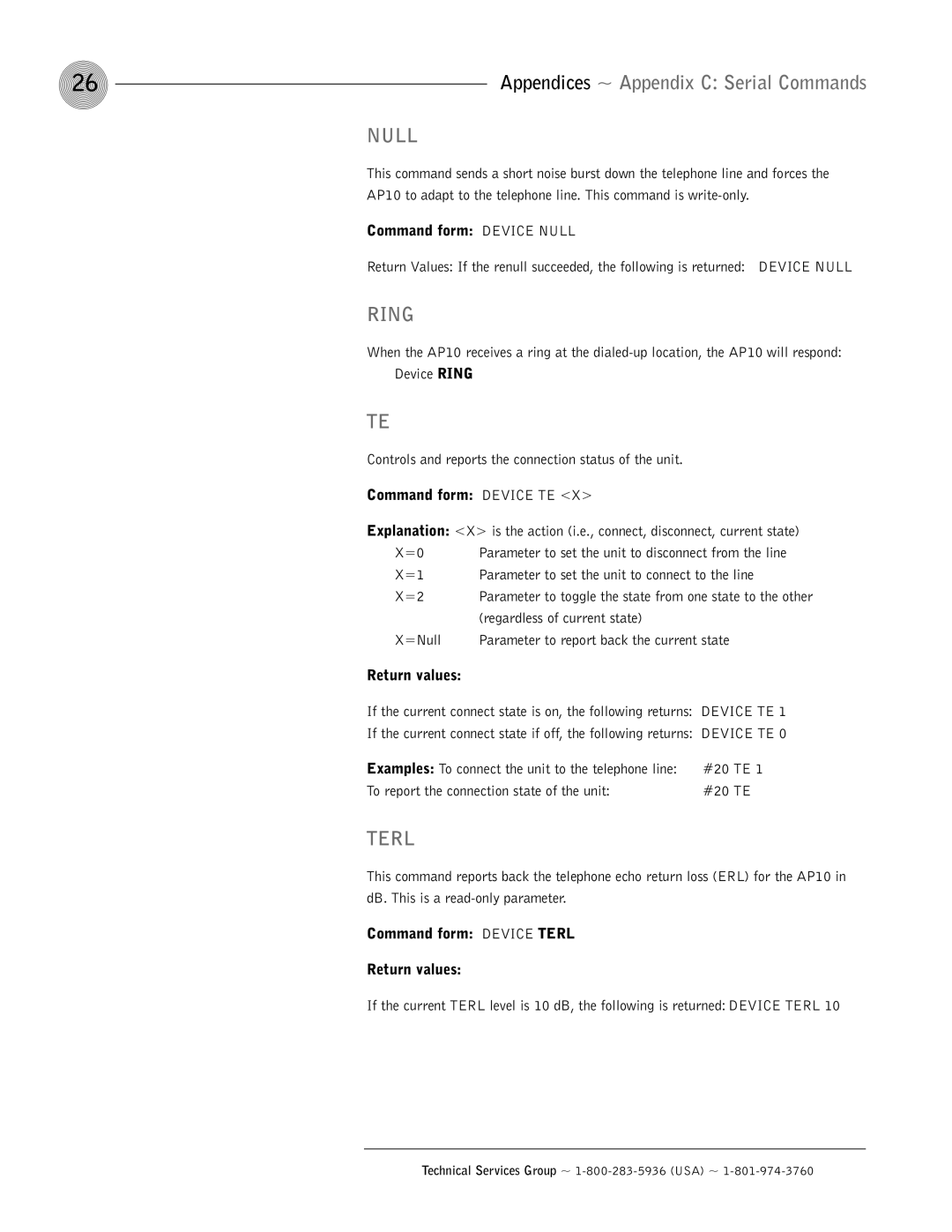 ClearOne comm AP10 Command form Device Null, Command form Device TE, Command form Device Terl Return values 