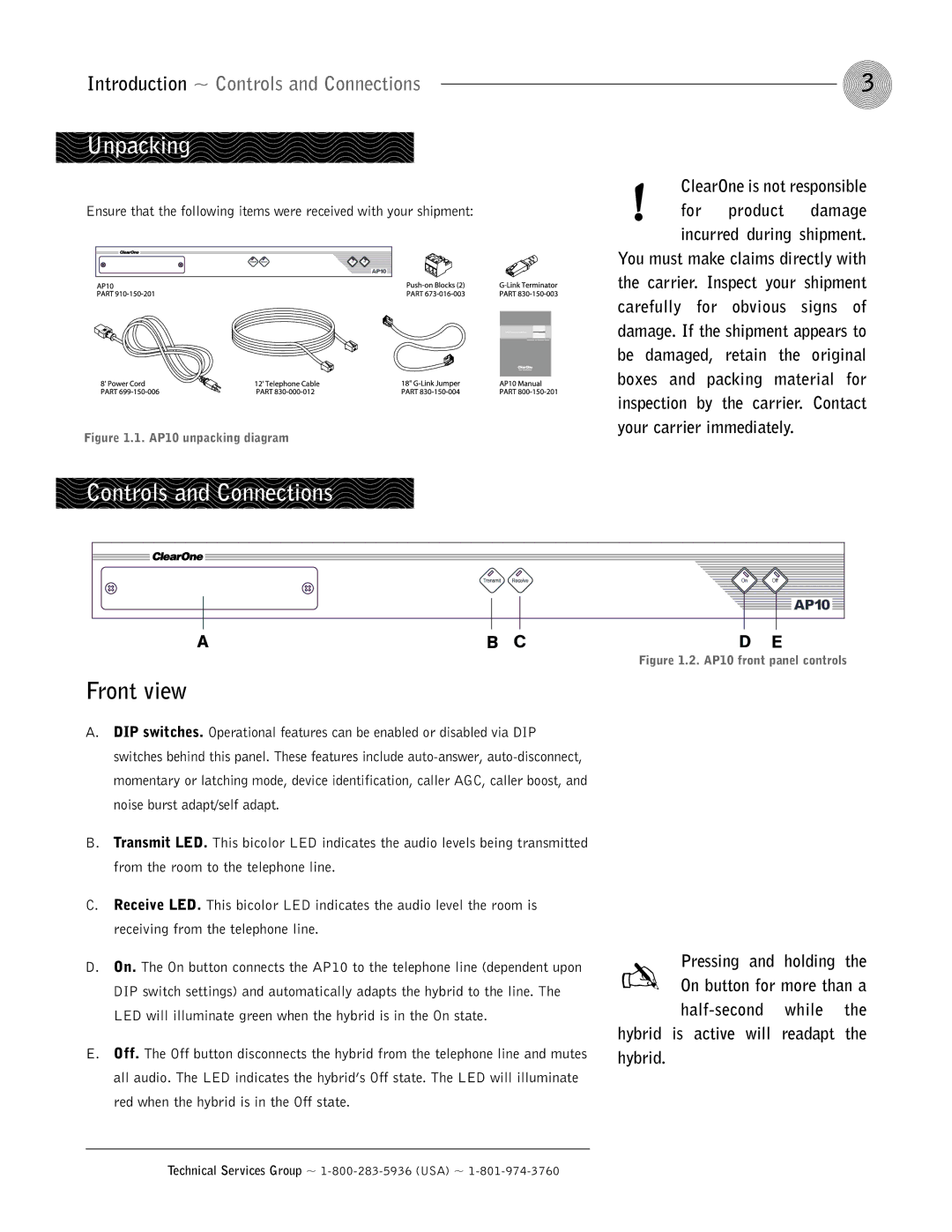 ClearOne comm AP10 operation manual Unpacking, Front view, Introduction ~ Controls and Connections, Pressing Holding 