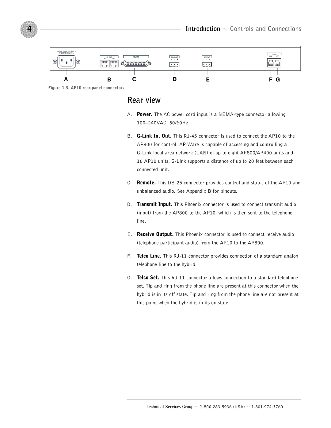 ClearOne comm operation manual Rear view, AP10 rear-panel connectors 